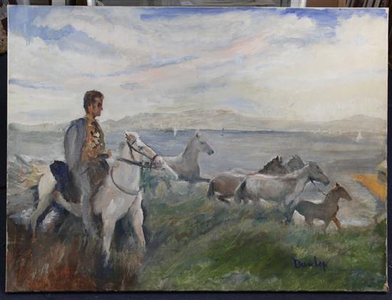 § Ronald Ossory Dunlop (1874-1973) Horse rider and ponies on the shore, 30 x 40in., unframed